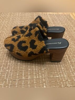 Jessica Simpson Leopard Faux-Shearling Platform Clogs in Brown and Black